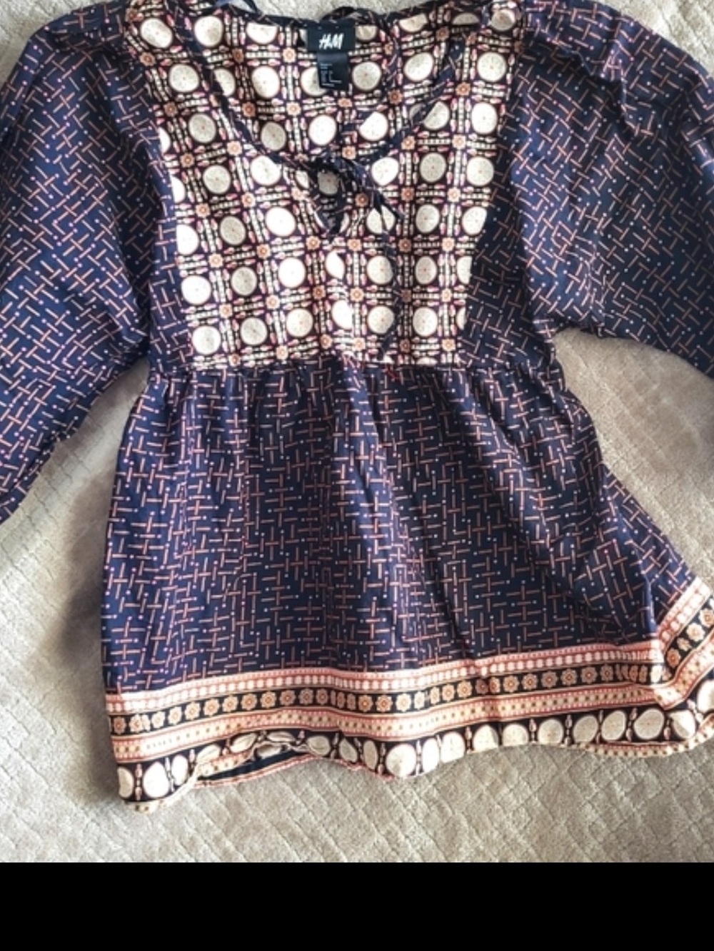 * H&M Boho cotton tunic blouse W geometric print and tie detail, Babydoll Flowy - Picture 7 of 8